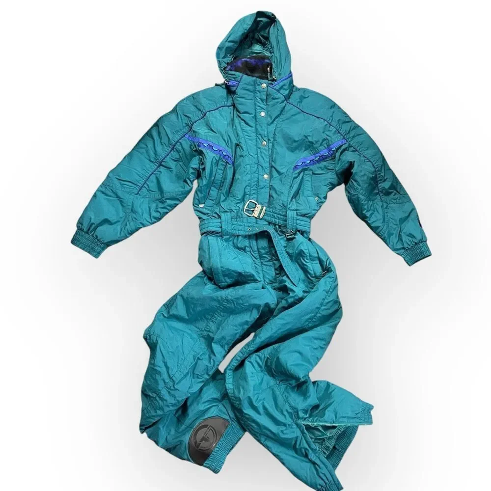 Vintage Women's Ski Suit 90’s. Snowsuit belted one-piece. skisuit snow jumpsuit